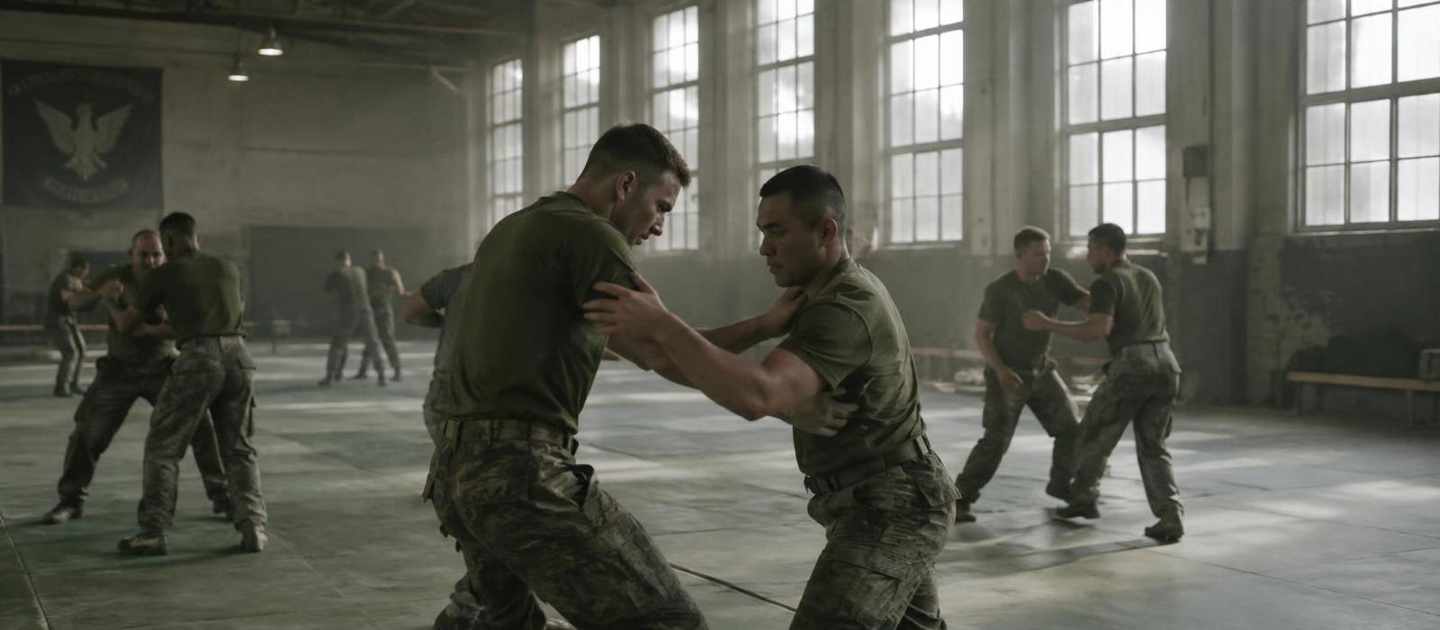 Soldiers practicing partner martial arts drills in a military gym Soldiers practicing partner martial arts drills in a military gym